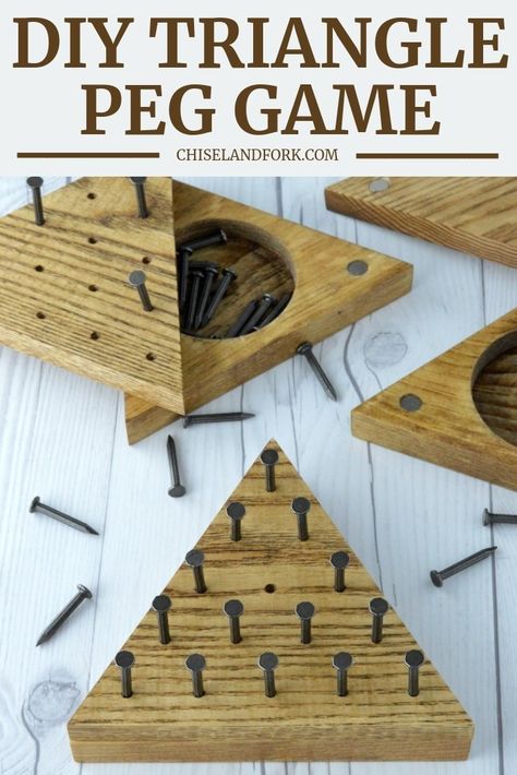 This DIY triangle peg game is the perfect gift for friends or family and will have them remembering playing the game at Cracker Barrel in years past. #diytrianglepeggame #diywoodgame #diygame #trianglepeggame #crackerbarrelgame | chiselandfork.com Triangle Peg Game, Wood Puzzle Game, Diy Wooden Games, Wood Puzzles Diy, Triangle Game, Crib Board, Peg Game, Wood Toys Diy, Handmade Games