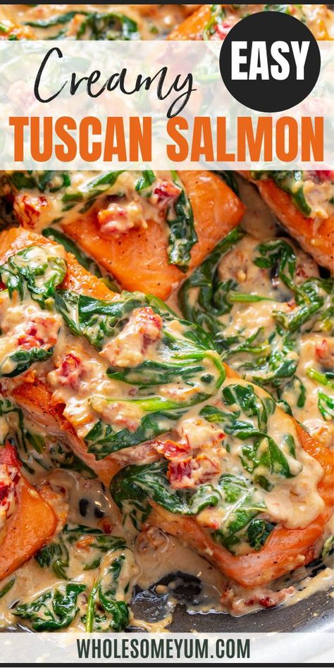 Salmon Recipes Creamy, Salmon And Scallops Recipe, Creamy Garlic Tuscan Salmon, Creamy Tuscan Salmon, Salmon With Spinach, Tuscan Salmon Recipe, Tuscan Salmon, Best Salmon Recipe, Salmon Recipes Baked Healthy