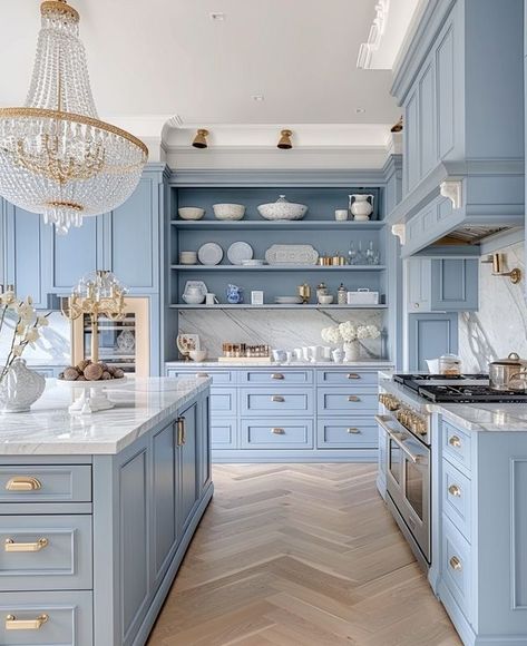 Cafehailee - Cherished Culinary Oasis ☺️☺️😊 Kitchen House Design, Blue Kitchen Designs, Pond House, Glam Kitchen, Blue Kitchen Cabinets, Modern Kitchen Interiors, Blue Cabinets, House Design Kitchen, Kitchen Inspiration Design