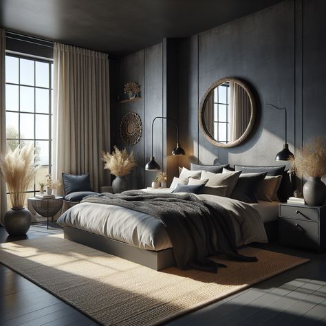 Dark industrial bedroom features a king-sized platform bed with a padded headboard, layered with neutral pillows and a woven throw blanket. A circular mirror on a dark grey wall reflects daylight, while a bedside chest holds decorative items. A contemporary black lamp illuminates the room, with floor-to-ceiling windows allowing natural light. Delicate plants in vases and a jute rug in slate and navy tones complete the warm atmosphere. Black Bedroom With Black Ceiling, Jute Rug Black Bedroom, Dark Industrial Bedroom, Modern Luxurious Bedrooms Classy, Bedroom Cozy Aesthetic, Dark Grey Headboard, Cozy Aesthetic Room, Plants In Vases, Dark Industrial