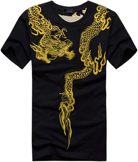 X&F Men's Cool Embroidery Dragon Short Sleeve T-Shirt Crew Neck Tee Shirts | Amazon.com Tops Gold, Dragon Embroidery, Tattoo T Shirts, Gold Dragon, Screen Printing Shirts, Mens Cotton T Shirts, Men Hats, Tiger T Shirt, Casual Summer Tops