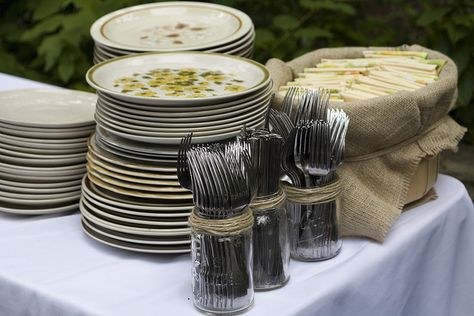 potluck Diy Wedding Buffet, Potluck Wedding, Jam Favors, Upcycled Wedding, Mismatched Plates, Bushel Baskets, Budget Bride, Wedding Buffet, Eco Wedding