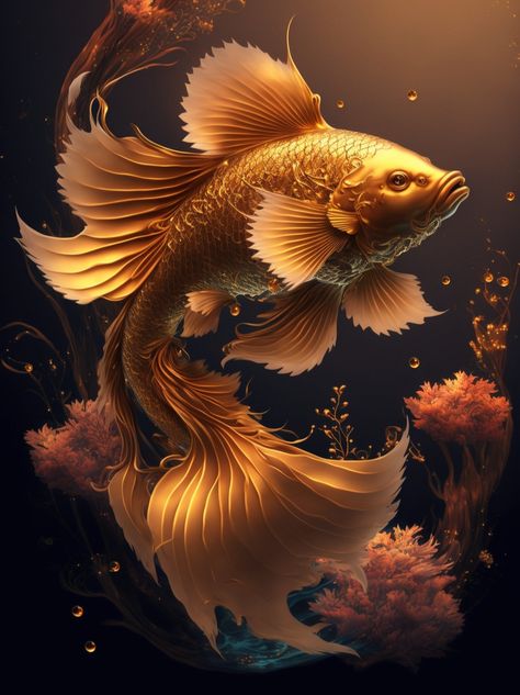 Gold Butterfly Koi Fish, Golden Fish Painting, Golden Fish Wallpaper, Golden Fish Drawing, Koi Fish Drawing Tattoo, Dagobert Duck, Aquatic Art, Fish Gallery, Koi Fish Drawing