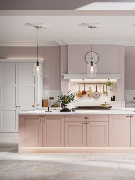 Pink Kitchen Island, Pink And Grey Kitchen, Island In Kitchen, Pink Kitchen Walls, Pink Kitchen Cabinets, Sulking Room Pink, Art Engineering, Kitchen Cabinet Inspiration, Shaker Kitchens