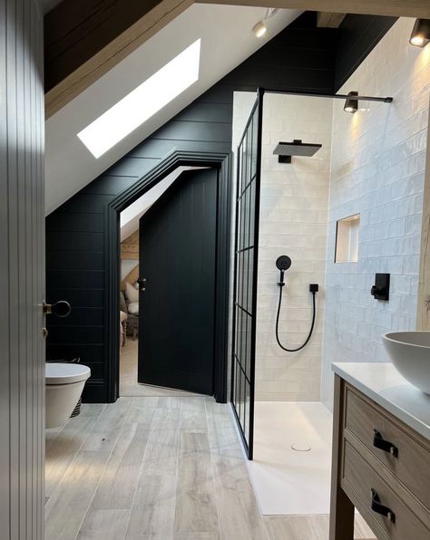 Attic Room With Bathroom, Loft Conversion Bedroom Master Suite Attic Bathroom, Small Bathroom Ideas Attic, Attic Bedroom And Bathroom Layout, Master Suite Loft Conversion, Dorma Loft Bathroom, A Frame Bathroom Design, Bonus Room Bathroom Ideas, Cape Cod Bathroom Ideas Sloped Ceiling