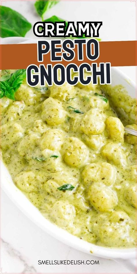 Craving comfort food without the fuss? This Creamy Pesto Gnocchi is your answer!  Ready in just 15 minutes, this recipe transforms pillowy gnocchi into a delightful dish bursting with fresh pesto flavor and a luxuriously creamy sauce. Perfect for busy weeknights, this satisfying meal will leave you wanting more. Gnocchi Vegetarian, Frozen Casserole Recipes, Creamy Pesto Gnocchi, Gnocchi Sauce, Gnocchi Pesto, Pesto Gnocchi, Fresh Basil Pesto, Creamy Pesto Sauce, Creamy Pesto