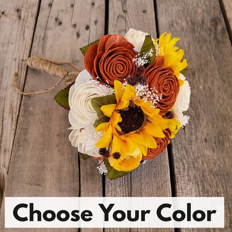 Small Wedding Bouquet Fall, Fall Wedding Bouquets With Sunflowers, Flower Bouquet With Sunflowers, Fall Sunflower Bouquet, Flower Bouquet Fall Wedding, Bouquet With Sunflowers, Christmas Wedding Bouquets, Wedding Flower Alternatives, Wooden Flower Bouquet