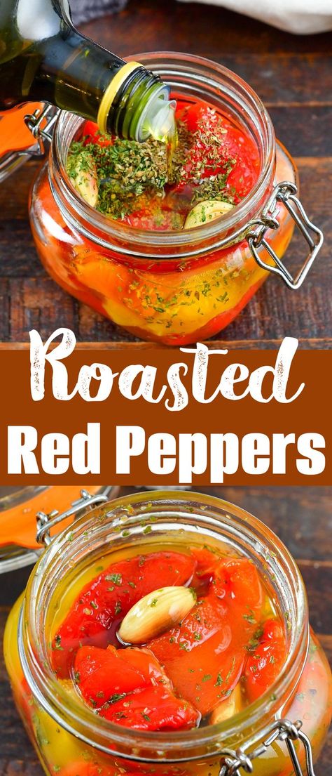 If you haven’t been using Roasted Red Peppers to enhance your recipes, you’ve been missing out! These easy to make roasted bell peppers add bright and vibrant taste and aroma to a number of various recipes. Use red or colorful bell peppers, roast them, and them mix with delicious garlic, herbs, and oil marinade in a jar. I always keep this traditional condiment in the refrigerator to use as an appetizer, side dish, topping, and so much more! Red Pepper Pickles, How To Use Roasted Red Peppers, Preserved Roasted Red Peppers, Marinated Roasted Red Peppers Recipe, Marinated Red Peppers Recipe, Tri Color Bell Pepper Recipes, Roasted Red Peppers With Garlic And Olive Oil, Preserving Bell Pepper Recipes, Red Pepper Oil Recipe