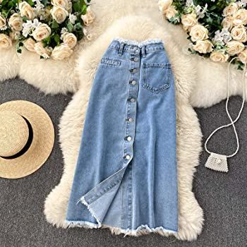 Fashion New Women Denim Skirt Vintage High Waist Single Breasted Mid Long Jean Skirt 2022 Wild A-Line Skirt,Blue,L : Amazon.co.uk: Fashion Elegant Rompers, Classy Fits, Denim Skirt Outfits, Long Denim Skirt, Jeans Skirt, Denim Chic, Denim Skirt Women, Lined Jeans, Skirt For Women