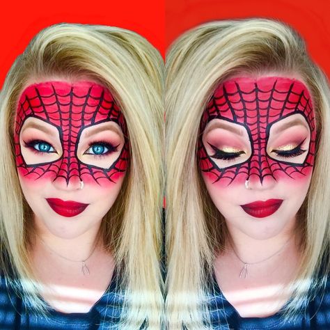 Girls Spider-Man Halloween Makeup Spider Man Makeup Women, Spider Man Face Paint, Spiderman Makeup, Colorful Makeup Tutorial, Spider Makeup, Spiderman Face, Halloween Makeup Diy, Eyeshadow For Blue Eyes, Amazing Halloween Makeup