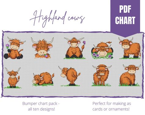 Highland Cows Cross Stitch Chart/instant Pdf Download/counted - Etsy Highland Cow Cross Stitch Pattern, Cow Cross Stitch, Cow Scarf, Ten Cute, Cross Stitch Cow, Highlander Cow, Cow Nursery, Stitch Cards, Patterns Flowers