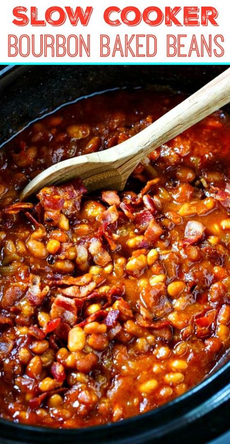 Bourbon Baked Beans Bourbon Baked Beans Recipe, Bacon Crockpot, Bourbon Baked Beans, Bake Beans, Cowboy Baked Beans, Slow Cooker Baked Beans, Best Baked Beans, Baked Beans With Bacon, Baked Beans Recipe