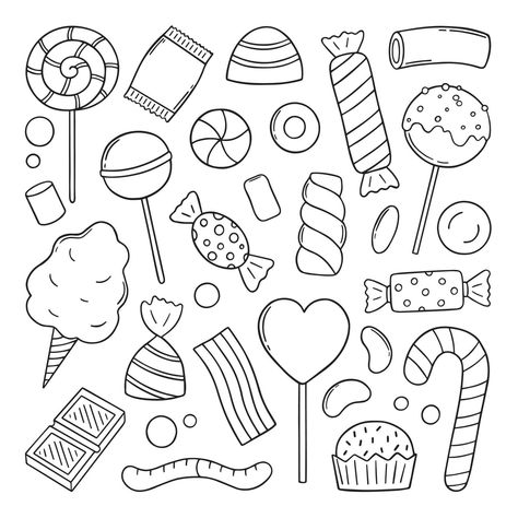 Hand drawn set of sweets and candies doodle. Lollipop, caramel, chocolate, marshmallow in sketch style.  Vector illustration isolated on white background. Chocolate Drawing, Candy Coloring Pages, Candy Drawing, Sweet Drawings, Candy Paint, Chocolate Marshmallow, Adult Coloring Designs, Christmas Doodles, Candy Theme