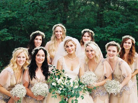 Flower Crown Wedding Bridesmaids, Flower Crowns Bridesmaids, Bridesmaids Flower Crown, Bridesmaids With Flower Crowns, Bridesmaid Flowers Around Bride Face, Bridesmaids Holding One Flower, Bridesmaid Flower Crown, Bridesmaid Headpiece Floral Crowns, Bridesmaid Crown