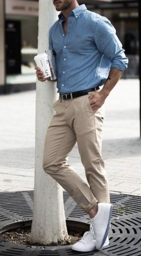 Light Blue Shirt Outfit, Blue Shirt Outfit Men, Blue Outfit Men, Blue Chinos Men, Beige Pants Outfit, Chinos Men Outfit, Light Blue Chinos, Beige Pants Men, Beige Hose