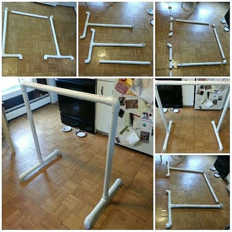 This summer, I made my very own kitchen-sized ballet barre out of PVC pipe from my local hardware store. It came up in conversation on Facebook recently, so I thought I would share this mini tutori… Home Gym Diy, Ballet Room, Home Dance Studio, Ballet Bar, Stand Feria, Workout Room Home, Dance Rooms, Pvc Projects, Home Dance