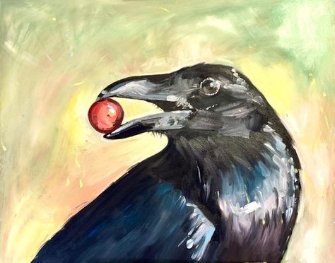 Crow Oil Pastel, Crow Painting Easy, Crow Painting Acrylic, Crow Reference, Ruined Kingdom, Crow Paintings, Crow Illustration, Cherries Painting, Halloween Canvas Art