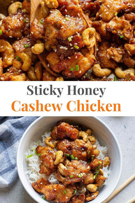 Whole30 Cashew Chicken, Honey Walnut Chicken Recipe, Cashew Chicken Sauce, Honey Chicken Breast, Chicken Bits, Thai Satay, Homemade Takeout, Crispy Honey Chicken, Chicken Thai