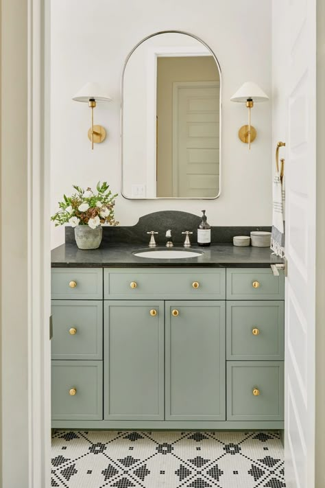 Guest bathroom design + guest bathroom remodel+ brass hardware + brass light fixtures + brass scones + polished nickel faucet + black countertop + colored vanity + tile design. untitled image Blog | Lexi Westergard Design - Phoenix Interior Designer | LWD | LW Home | Green Bathroom Vanity, Custom Vanity, Tile Inspiration, Green Bathroom, Bathroom Inspo, Bathroom Reno, Kids Bathroom, Guest Bath, Clever Diy