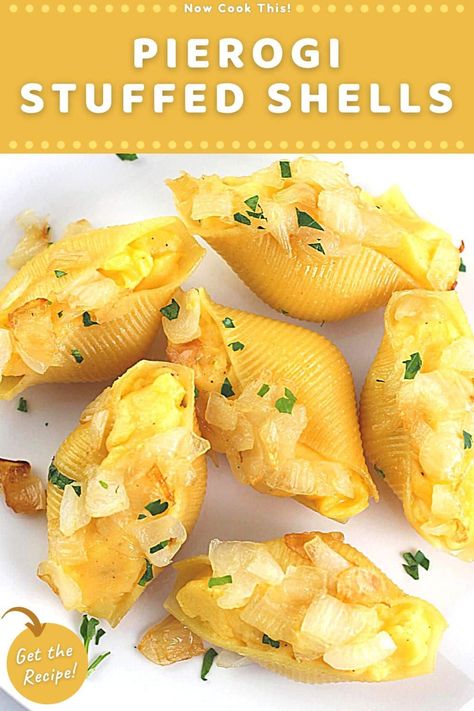 These easy stuffed pierogi shells (also called lazy pierogi) have all the delicious flavor of homemade pierogi but without all the fuss of making dough. Jumbo pasta shells are cooked and filled with cheesy mashed potatoes, topped with buttery sautéed onions, and then baked in the oven for a meatless dish that's sure to be a hit! Get the recipe and try them! Fried Jumbo Shells, Stuffed Foods Ideas, Easy Jumbo Shells Recipe, Pierogi Stuffed Shells, Air Fried Jumbo Stuffed Shells, Homemade Stuffed Shells, Air Fryer Stuffed Shells, Large Shells Recipe, Large Pasta Shells Stuffed