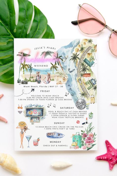 Bachelorette Weekend Itinerary | Miami Beach Invitation Bachelorette Beach Weekend, Last Fling Before The Ring, Itinerary Invitation, Miami Bachelorette Party, Beach Invitations, Bachelorette Weekend Itinerary, Flora Farms, Wedding Announcement Cards, Bachelorette Itinerary