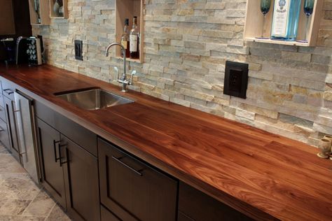 sleek wooden kitchen countertop. But the back splash!@ To die for! Modern Kitchen Countertops, Wooden Countertops Kitchen, Walnut Countertop, Diy Wood Countertops, Wood Countertops Kitchen, Wooden Countertops, Outdoor Kitchen Countertops, Butcher Block Kitchen, Walnut Kitchen