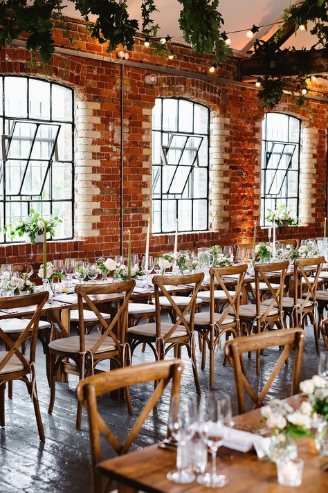 Wedding With Brick Walls, Old Brick Wedding Venues, Wedding Decor Brick Wall, Brick Wedding Venue Decor, Exposed Brick Wedding, Draping Wedding Reception, Industrial Brick Wall, Wedding Venue Industrial, Brick Wedding Venue