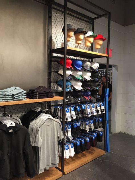 Sports Store Display, Adidas Store Interior, Sports Store Interior, Sports Retail Store Design, Gym Retail Display, Sports Display Ideas, Adidas Store Design, Clothing Retail Store Design, Sport Shop Design