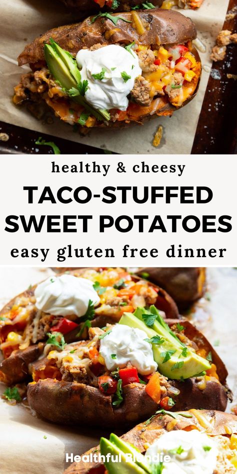 Loaded Sweet Potato Meal Prep, Stuffed Sweet Potato Ground Turkey, Turkey Taco Stuffed Sweet Potatoes, Sweet Potato Recipes Taco, Sweet Potato Stuffed Tacos, Sweet Potato Taco Boats, High Protein Stuffed Sweet Potato, Macro Friendly Sweet Potato Recipes, Sweet Potato Boats Chicken