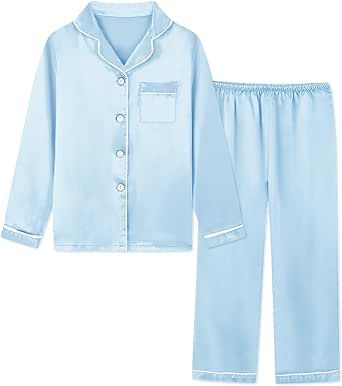 Schbbbta Kids Satin Pajamas, Long Sleeve Button Up Silk Shirt Pants 2Pcs Loungewear Nightwear for Girls, T-Light Blue, 11-12 Years = Tag 160 Light Blue Silk Pajamas, Blue Silk Pajamas, Silky Pjs, Pajamas Long Sleeve, Silk Pjs, Girls Pjs, Satin Pj Set, Women Pajamas, Silk Pajama Set