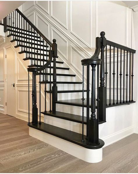 The contrast between the light hardwood floors and pure white walls make the dark black staircase stand out beautifully Black And White Staircase, Stained Staircase, Black Painted Stairs, Black Stair Railing, Black And White Stairs, Black Staircase, Entryway Stairs, Stairs Renovation, White Staircase