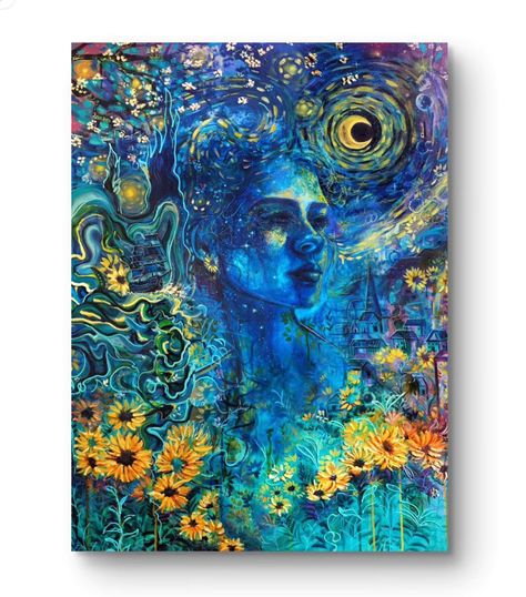 'A Vision of Van Gogh' 🌻🌌🌙 Swipe through for some close-up photos of this big original painting! —> It combines acrylic ink, oil paint, modeling paste & metallic gold leaf. Check out my Reels to watch the full creative process 💜 Prints are now available - if you’re interested, you can order through the link in my bio 🌸 www.laurenaimeeart.com . . . . #originalart #painting #fineart #vangogh #portraitart #portrait #starrynight #artprint #oilpainting #art #canvasart Koi Painting, Mexican Paintings, Acrylic Portrait Painting, Modeling Paste, Deep Art, Abstract Art Inspiration, Surrealism Painting, Fantasy Paintings, Acrylic Ink