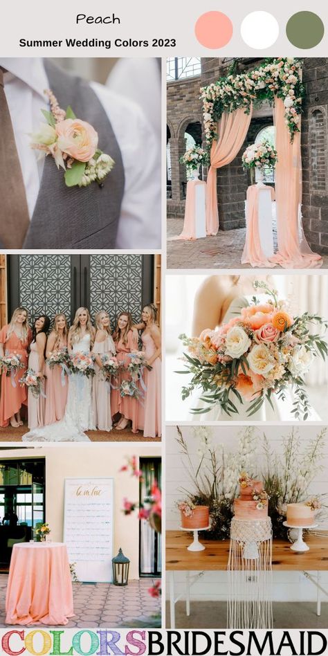 Peach wedding color inspirations for 2023, white bridal gown and peach bridesmaid dresses, peach and green wedding bouquets, grey men's suit and peach boutonniere, peach wedding drapery with flowers and greenery, peach wedding cake, peach cocktail table. #weddings #weddingideas #bridesmaiddresses #summerwedding #colsbm #2023 #peachwedding Unique Wedding Color Schemes, Color Schemes Summer, Salmon Wedding, Peach Wedding Theme, Apricot Wedding, Peach Wedding Colors, Wedding Color Schemes Summer, Color Durazno, Wedding Color Schemes Spring