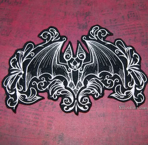 Damask Gothic Bat Black White Gray Iron On Embroidery Patch MTCoffinz - Choose Color Embroidery Tiger, Bat Tattoo, Bat Art, Iron On Embroidery, Gothic Vampire, Hartford Ct, Vampire Bat, Japanese Embroidery, Embroidery Patch