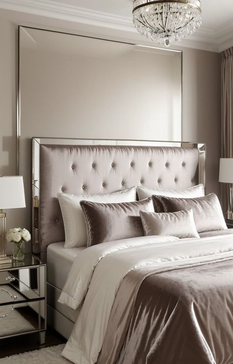 Satin Bedding Aesthetic, Elegant Bedroom Aesthetic, Bedding Aesthetic, Crystal Chandelier Lighting, Satin Bedding, Mirrored Nightstand, Elegant Bedroom, Bedroom Aesthetic, Upholstered Headboard