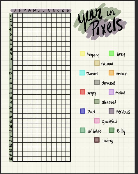 Digital bullet journal year in pixels full year mood tracker Mood Year Tracker, Aesthetic Journal Tracker, Bujo A Year In Pixels, Mood Tracker Goodnotes Template, Diary Tracker Ideas, Mood Tracker Journaling, Year Tracker Ideas, Yearly Habit Tracker Bullet Journal, Goodnotes Mood Tracker