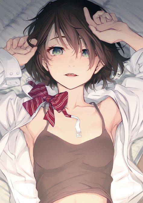 Anime Brown Hair, Brown Hair Green Eyes, Woman Laying, Cute School Stationary, Anime Hair, Girl Short Hair, Anime Drawings Tutorials, Human Art, Manga Pictures