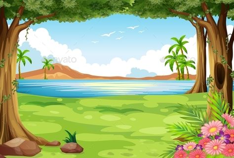 Scenery by interactimages Scenery of a river with grass and trees Vector Art Background, Background Scenery, Cartoon Garden, School Wall Art, Background Powerpoint, Romantic Background, Kids Background, Scenery Pictures, Background Clipart