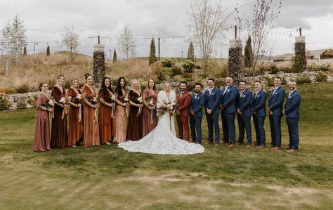 burgundy and navy wedding colors on the bridal party Navy Blue Copper Wedding Bridesmaid Dresses, Rust Wedding Bridesmaid Dresses, Terracotta And Navy Wedding Bridesmaid Dress, November Wedding Bridal Party, Navy And Copper Bridesmaid Dress, Wedding Rust And Navy, Brown And Navy Wedding Colors, Burnt Orange And Navy Wedding Party, Navy And Burgundy Wedding Party