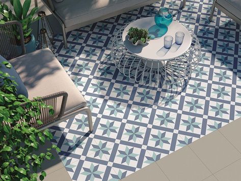 Blue Floor Tile, Outdoor Tile Patio, Edwardian Fireplace, Balcony Tiles, Porch Tile, Balcony Flooring, Garden Tiles, Garden Floor, Geometric Floor