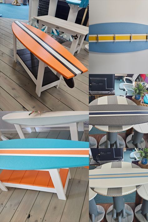 Surfboards are a classic that reminds everyone what summer at the beach feels like. For us we think of the warm waters of Hawaii and Florida, the warmth of the sun, a cool ocean breeze, and lots of sand!! We are able to create color combinations that enhance the atmosphere of your home. Towel racks by the pool, coffee tables on the patio, or just to lean up in the corner for decoration. Surfboard Chair, Surfboard Table, Surfboard Coffee Table, Summer At The Beach, Towel Racks, Surf Life, Ocean Breeze, Diy Outdoor Furniture, Table Style