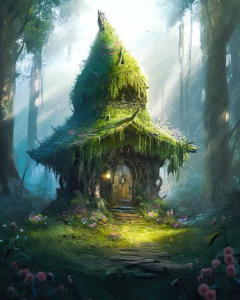 Fantasy hut created with Midjourney Rainforest Art, Location Inspiration, Fantasy Forest, House Illustration, Character Home, Fantasy House, Game Ideas, Forest House, Forest Landscape