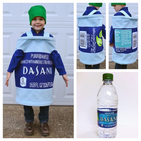 Water bottle costume. Dasani Water. Felt. Pellon. Puff paint. Water Costume Ideas Diy, Element Costume Ideas, Water Bottle Costume, Juice Box Costume Diy, Bottle Costume Diy, Water Element Costume, Water Bottle Recycle Projects Kids, Element Costume, Bottle Costume