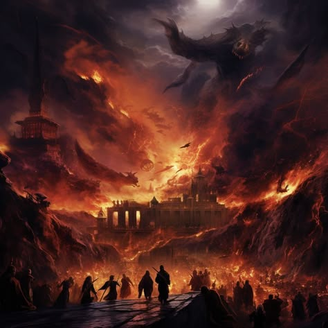 Doom Of Valyria, Kingdom On Fire, Fire Kingdom Art, Underworld Aesthetic, Red Kingdom Fantasy Art, Fire Kingdom Fantasy Art, Palace Fantasy Fire, Enchanted Kingdom, Good Knight