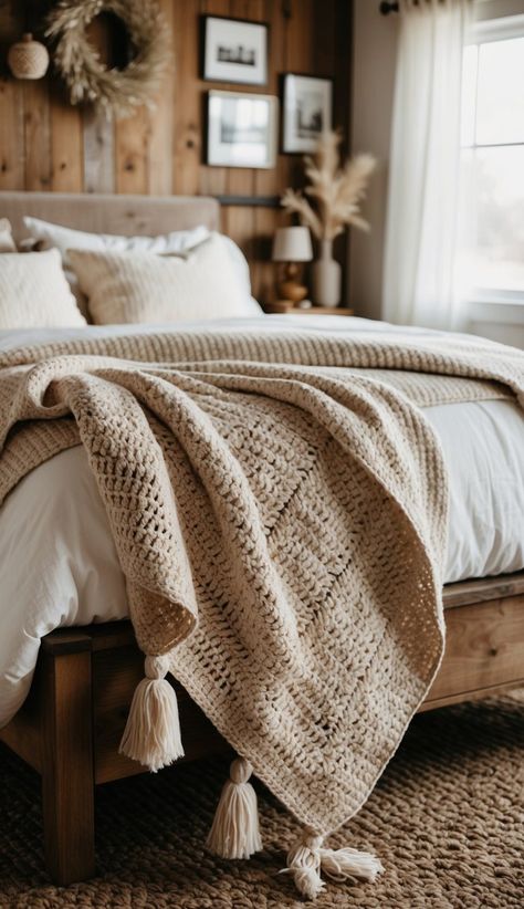 A cozy farmhouse-style bedroom featuring a neutral bedding set, a plush knit throw, and natural wood elements throughout. Farmhouse Comforter Sets, Farmhouse Bedding Ideas, Bedding Ideas, Farmhouse Bedding, Chic Farmhouse, Cozy Farmhouse, Cozy Chic, Bedroom Styles, Bedroom Inspo