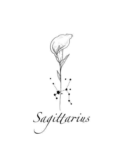 Sagittarius Constellation Tattoo Cala Lily Flower Tattoo Design - Etsy New Zealand Sagittarius Behind The Ear Tattoo, Sagittarius Birth Flower Tattoo, Sagittarius Tattoo Designs Unique, Sagittarius Flower Tattoo, Sagittarius Tattoo Designs For Women, Sagittarius Flower, Sagittarius Constellation Tattoo, Lily Flower Tattoo, Holy Tattoos