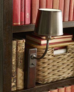 casa decor: Bronson Bookcase Sconce Home Library Decor, Little Lamp, Bookshelf Lighting, Bedroom Frames, Box Guitar, Home Libraries, Library Decor, Loft Design, Creature Comforts