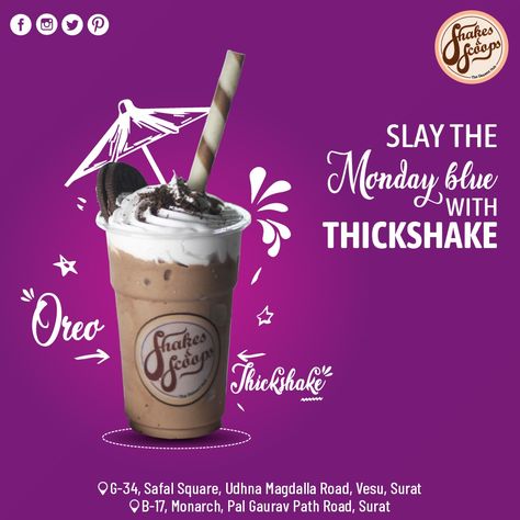 OREO THICK SHAKE- the shortcut to HAPPINESS! Slay the Monday blues with the thick shakes of Shakes & Scoops!  #thickShake #thickShakeNearMe #ShakeandscoopNearMe #creativethickshakenames #thickshakerecipe #thickkshakedrink #thickshakechocolate #thickshakeingredients Shake Creative Ads, Milkshake Ads, Dangler Design, Cream Poster, Oreo Shake, Ice Cream Shake, Ice Cream Poster, Gudi Padwa, Shake Bottle