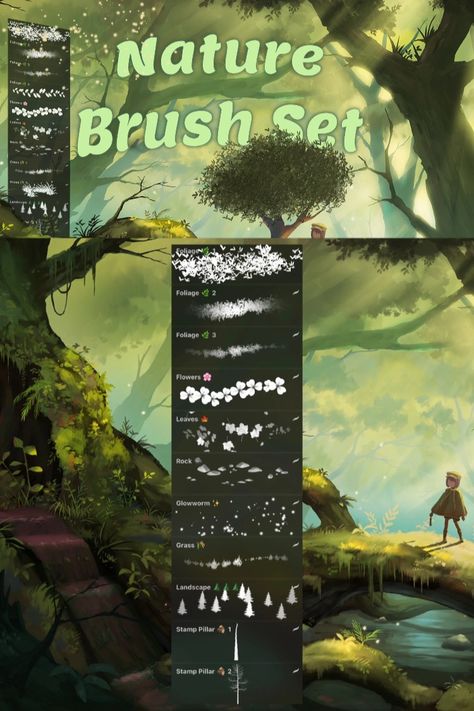 The Nature Procreate Brush Set is great if you want to infuse creations with the beauty of the natural world. With 11 brushes available for free, this set offers a wide range of options to bring landscapes, flora, and fauna to life on your canvas. Brushes included in this set: 3 Foliage, Flowers, Leaves, Rock, Glowworm, Grass, Landscape, and 2 Stamp Pillar brushes. Procreate Nature Brushes, Foliage Brush Procreate, Procreate Flower Brushes Free, Flower Brush Procreate, Best Free Procreate Brushes, Free Procreate Stamp Brushes, Grass Texture Drawing, Free Procreate Stamps, Grass Procreate