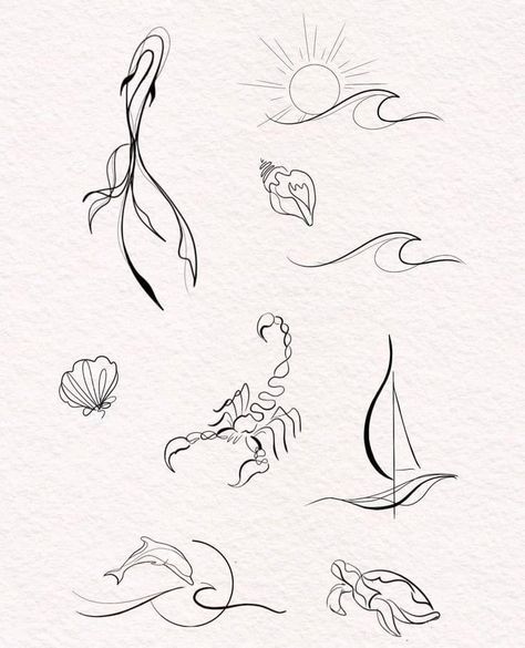 Ocean Doodles Aesthetic, Ocean Tattoos Mermaid, Tattoo Klein, Fine Line Ankle Tattoo, Small Ocean Tattoos, Fine Line Ocean Tattoo, Small Fine Line Tattoo, Small Ocean Tattoo Ideas, Costa Rica Tattoo